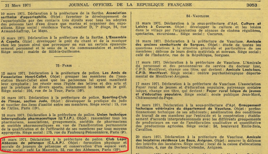 18 mars 1971 - Journal officiel - Création du CLAP